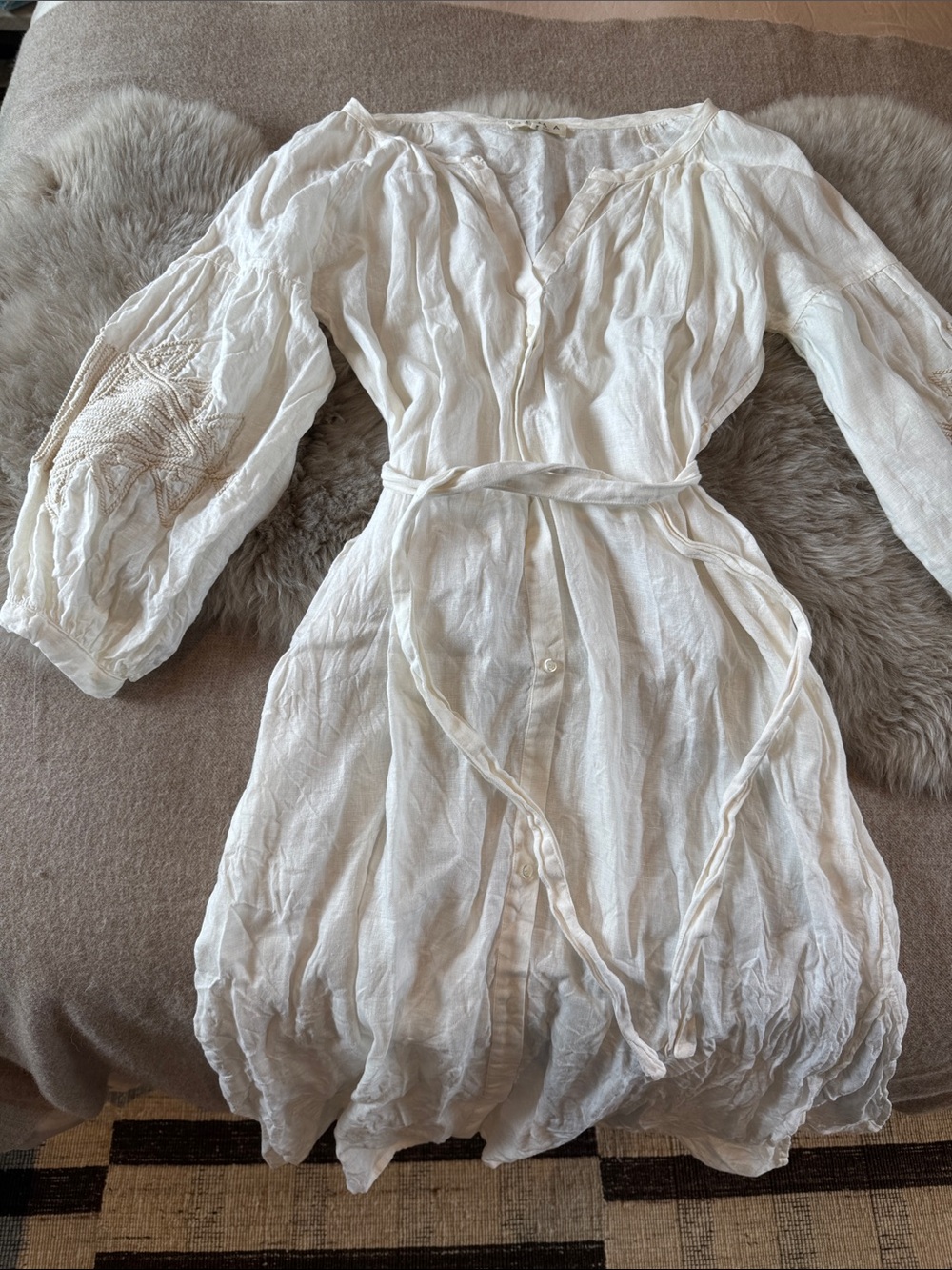 Boho White Button-Front Casual Dress with Tie Waist